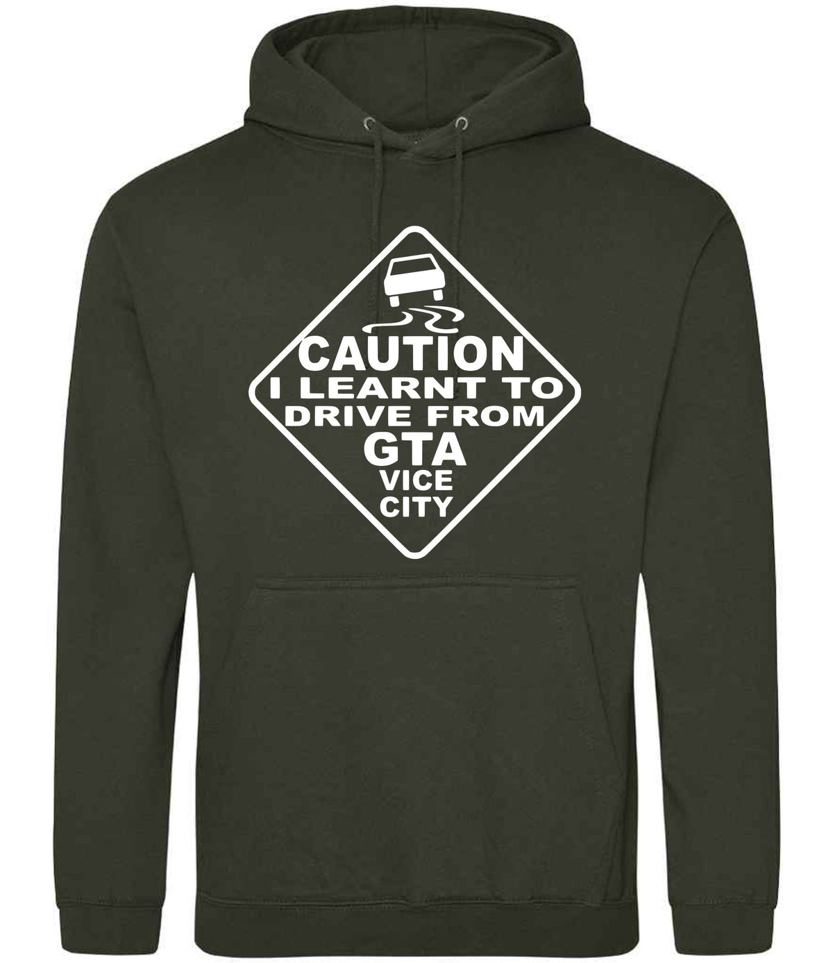 Caution I Learnt to Drive From Gta Vice City hoodie in combat green