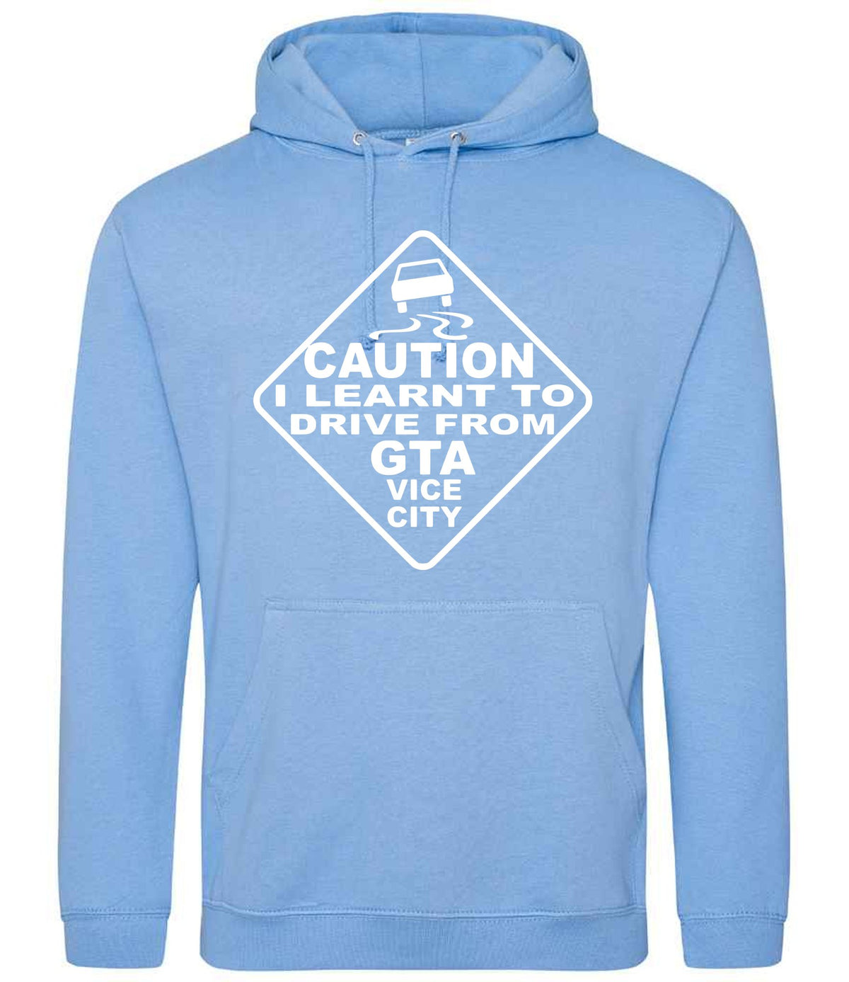 Caution I Learnt to Drive From Gta Vice City hoodie in cornflower blue