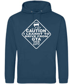 Caution I Learnt to Drive From Gta Vice City hoodie in ink blue