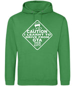 Caution I Learnt to Drive From Gta Vice City hoodie in kelly green