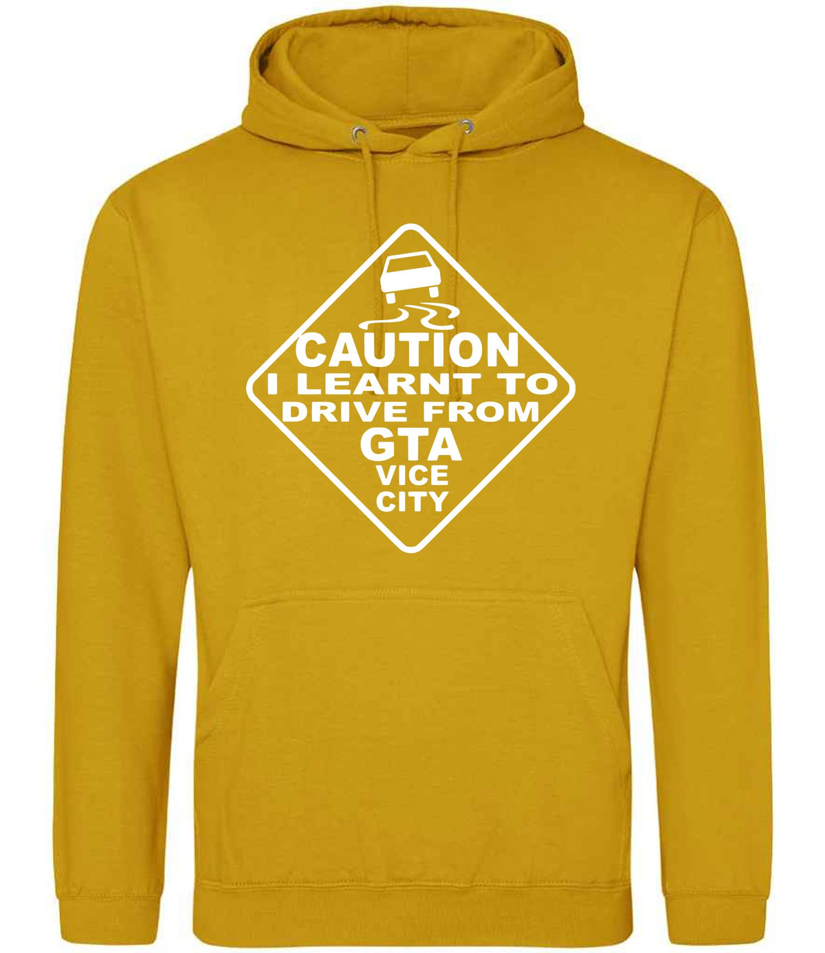 Caution I Learnt to Drive From Gta Vice City – Unisex Hoodie in Mustard
