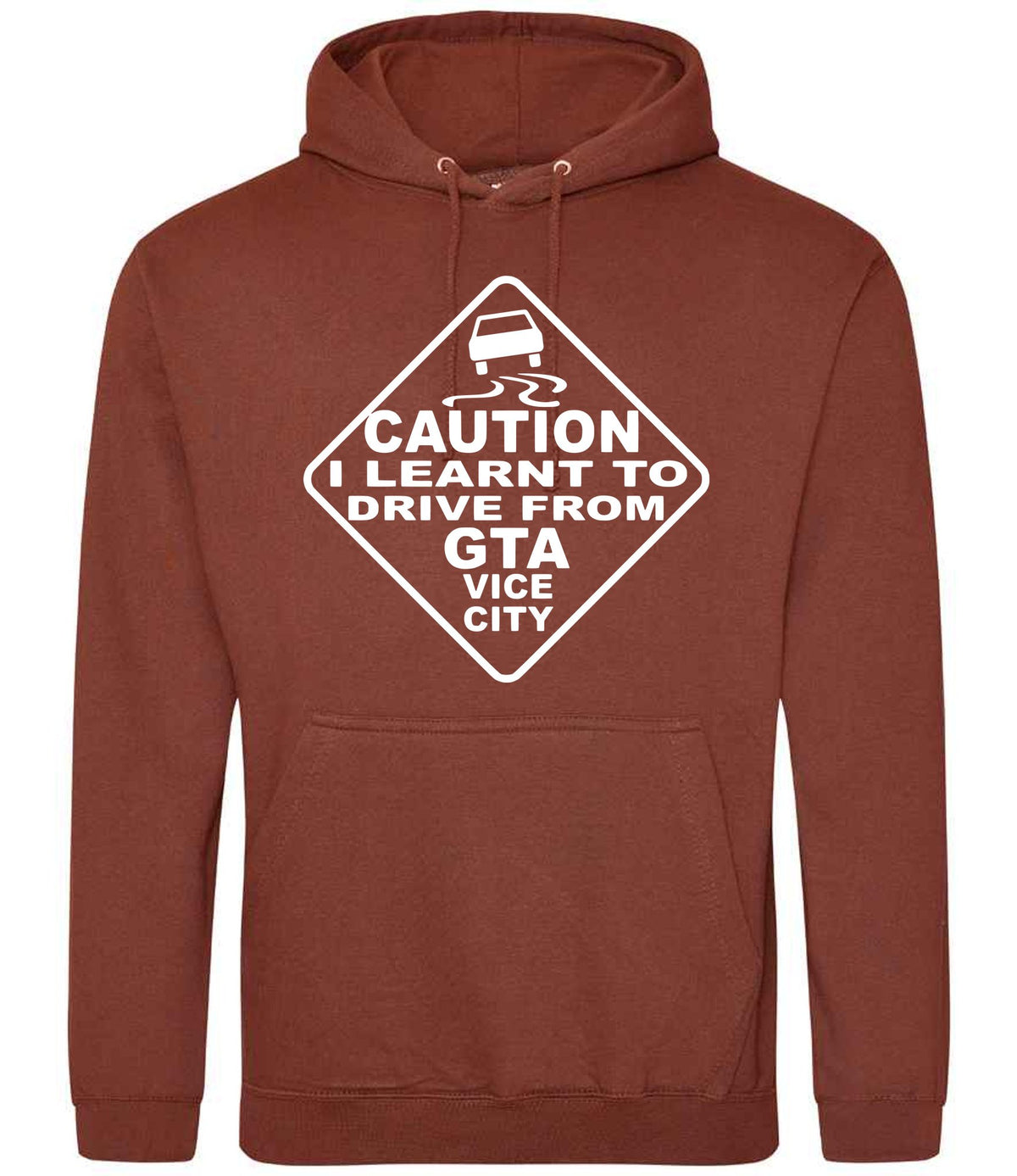 Caution I Learnt to Drive From Gta Vice City – Unisex Hoodie in Red Rust