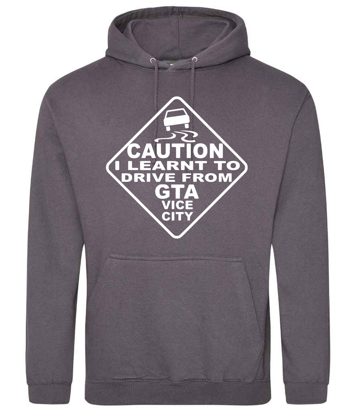 Caution I Learnt to Drive From Gta Vice City – Unisex Hoodie in Steel Grey