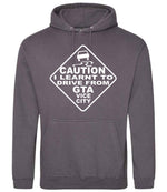 Caution I Learnt to Drive From Gta Vice City – Unisex Hoodie in Steel Grey