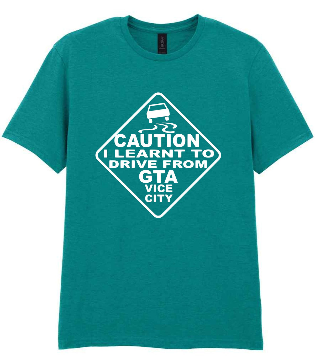 Caution I Learnt to Drive From Gta Vice City t-shirt in jade dome