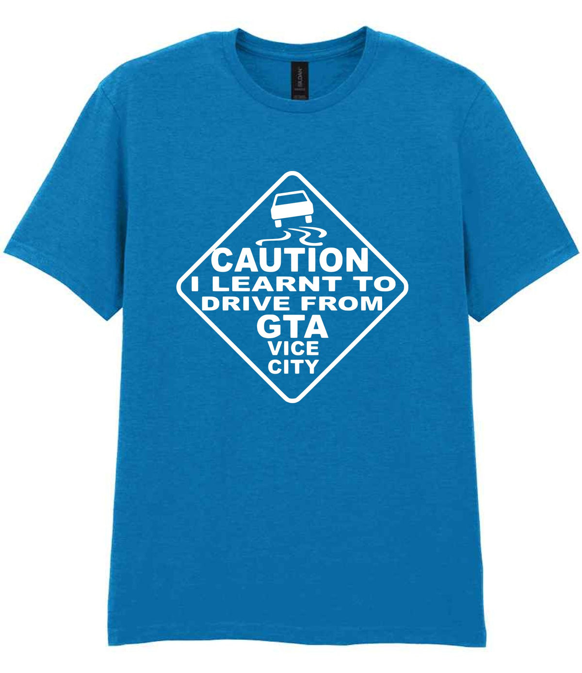 Caution I Learnt to Drive From Gta Vice City t-shirt in sapphire blue