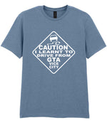Caution I Learnt to Drive From Gta Vice City t-shirt in stone blue