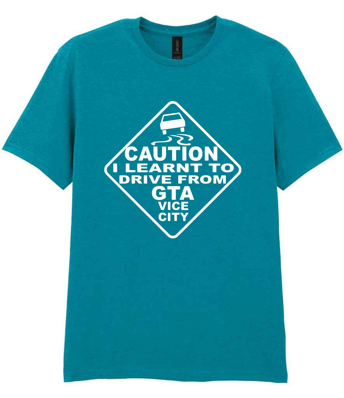 Caution I Learnt to Drive From Gta Vice City t-shirt in tropical blue
