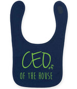Ceo of the House – Larkwood Baby/Toddler Bib in Navy with Apple Green vinyl