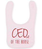 Ceo of the House – Larkwood Baby/Toddler Bib in Pale Pink with Red vinyl