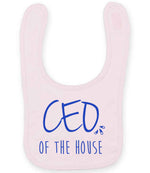 Ceo of the House – Larkwood Baby/Toddler Bib in Pale Pink with Royal Blue vinyl