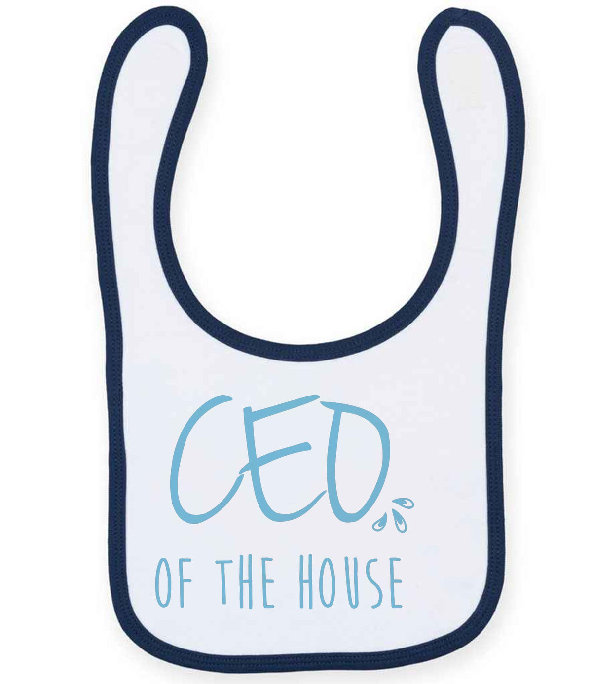 Ceo of the House – Larkwood Baby/Toddler Bib in White/Navy with Baby Blue vinyl