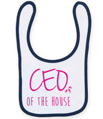 Ceo of the House – Larkwood Baby/Toddler Bib in White/Navy with Hot Pink vinyl