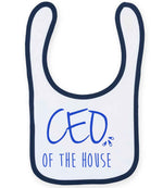 Ceo of the House – Larkwood Baby/Toddler Bib in White/Navy with Royal Blue vinyl