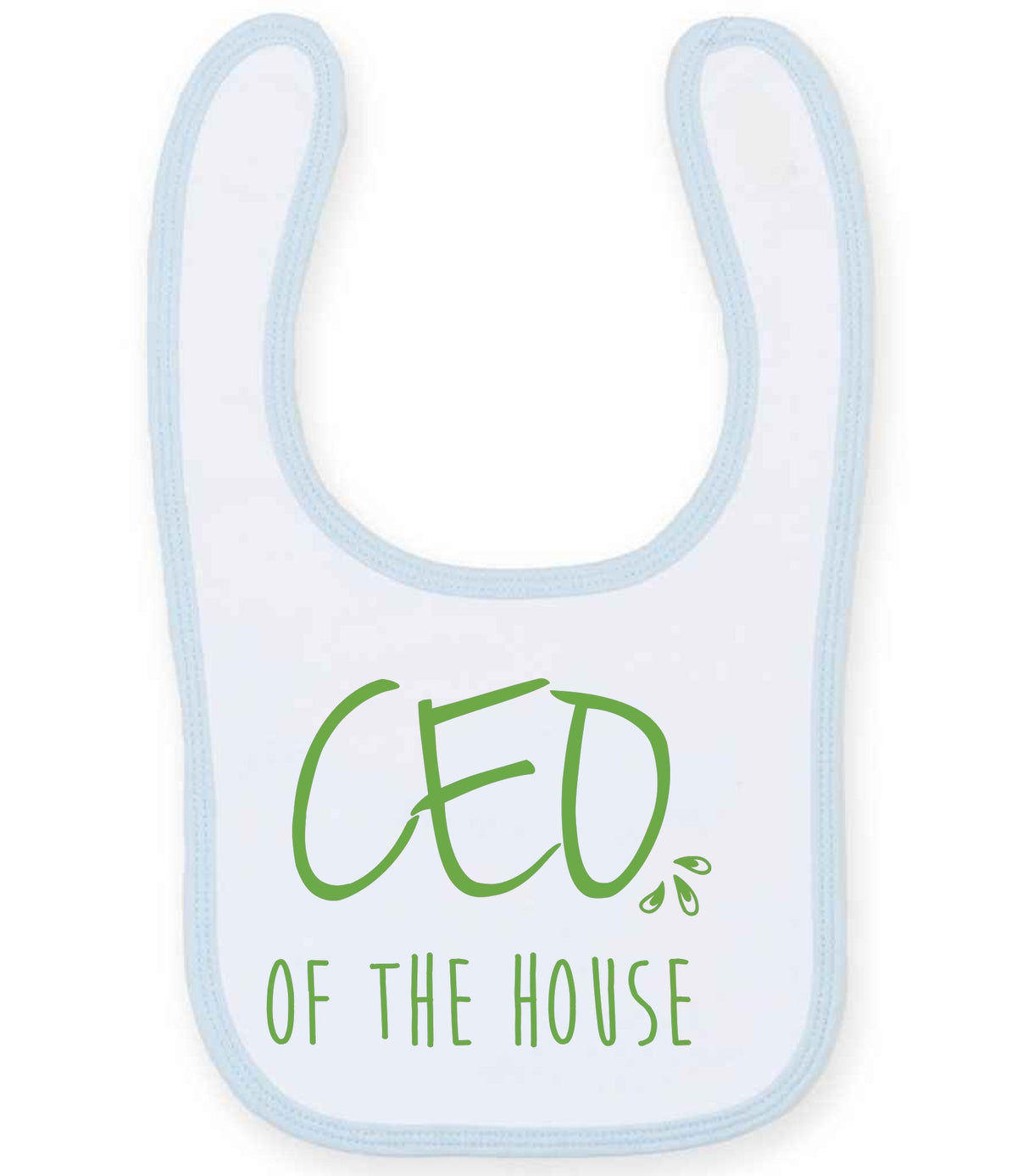 Ceo of the House – Larkwood Baby/Toddler Bib in White/Pale Blue with Apple Green vinyl