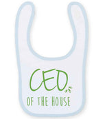 Ceo of the House – Larkwood Baby/Toddler Bib in White/Pale Blue with Apple Green vinyl