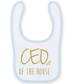 Ceo of the House – Larkwood Baby/Toddler Bib in White/Pale Blue with Gold vinyl