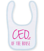 Ceo of the House – Larkwood Baby/Toddler Bib in White/Pale Blue with Hot Pink vinyl