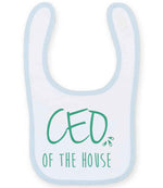 Ceo of the House – Larkwood Baby/Toddler Bib in White/Pale Blue with Mint vinyl