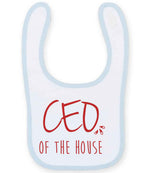 Ceo of the House – Larkwood Baby/Toddler Bib in White/Pale Blue with Red vinyl