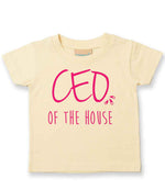 Ceo of the House – Baby T-Shirt in Pale Yellow with Hot Pink vinyl