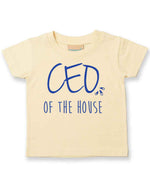 Ceo of the House – Baby T-Shirt in Pale Yellow with Royal Blue vinyl
