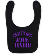 Certified Milk Tester – Larkwood Baby/Toddler Bib in Black with Purple vinyl
