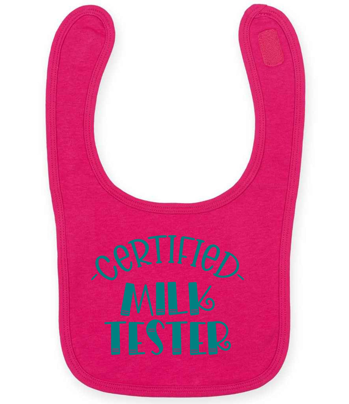Certified Milk Tester – Larkwood Baby/Toddler Bib in Fuchsia with Teal vinyl