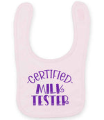 Certified Milk Tester – Larkwood Baby/Toddler Bib in Pale Pink with Purple vinyl