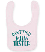 Certified Milk Tester – Larkwood Baby/Toddler Bib in Pale Pink with Teal vinyl