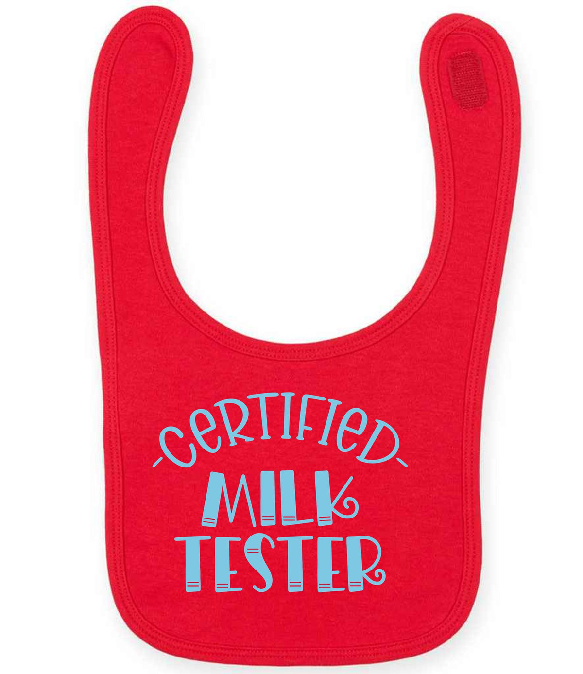 Certified Milk Tester – Larkwood Baby/Toddler Bib in Red with Baby Blue vinyl