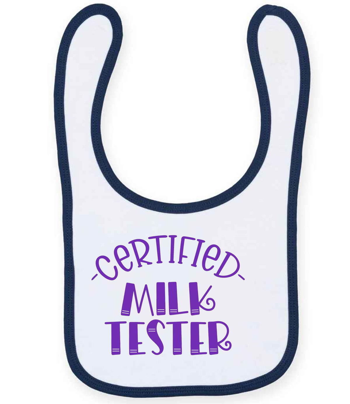 Certified Milk Tester – Larkwood Baby/Toddler Bib in White/Navy with Purple vinyl