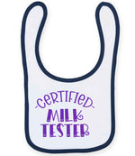 Certified Milk Tester – Larkwood Baby/Toddler Bib in White/Navy with Purple vinyl