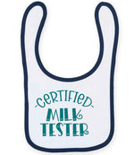Certified Milk Tester – Larkwood Baby/Toddler Bib in White/Navy with Teal vinyl