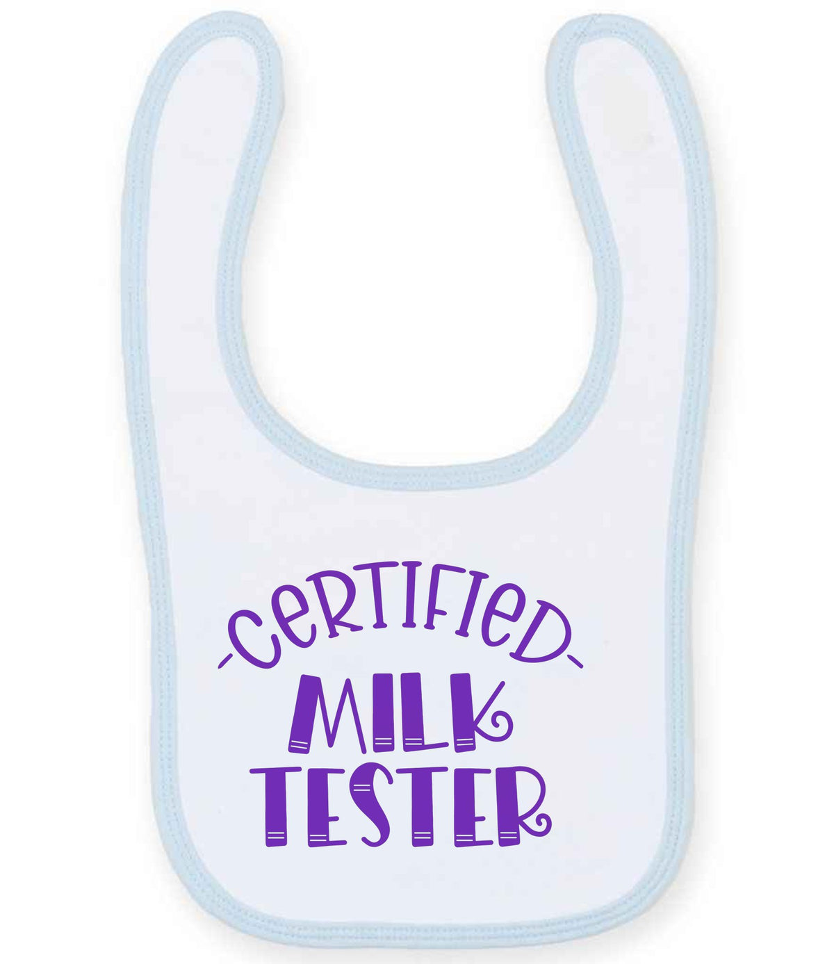 Certified Milk Tester – Larkwood Baby/Toddler Bib in White/Pale Blue with Purple vinyl