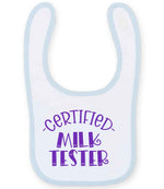 Certified Milk Tester – Larkwood Baby/Toddler Bib in White/Pale Blue with Purple vinyl