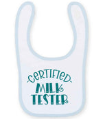 Certified Milk Tester – Larkwood Baby/Toddler Bib in White/Pale Blue with Teal vinyl
