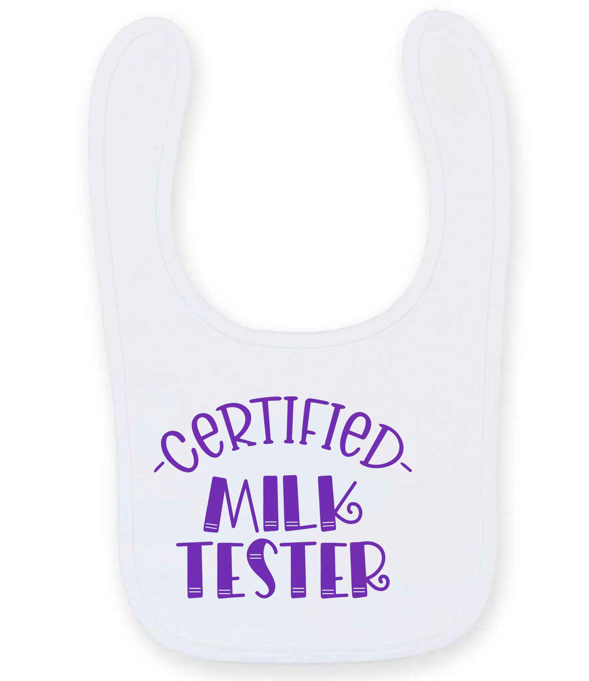 Certified Milk Tester – Larkwood Baby/Toddler Bib in White with Purple vinyl