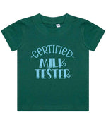 Certified Milk Tester – Baby T-Shirt in Bottle Green with Baby Blue vinyl
