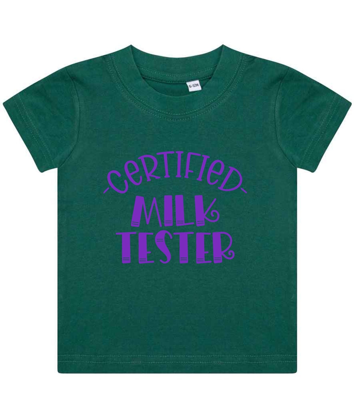 Certified Milk Tester – Baby T-Shirt in Bottle Green with Purple vinyl