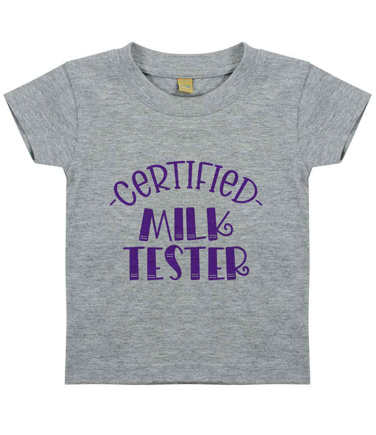 Certified Milk Tester – Baby T-Shirt in Heather Grey with Purple vinyl