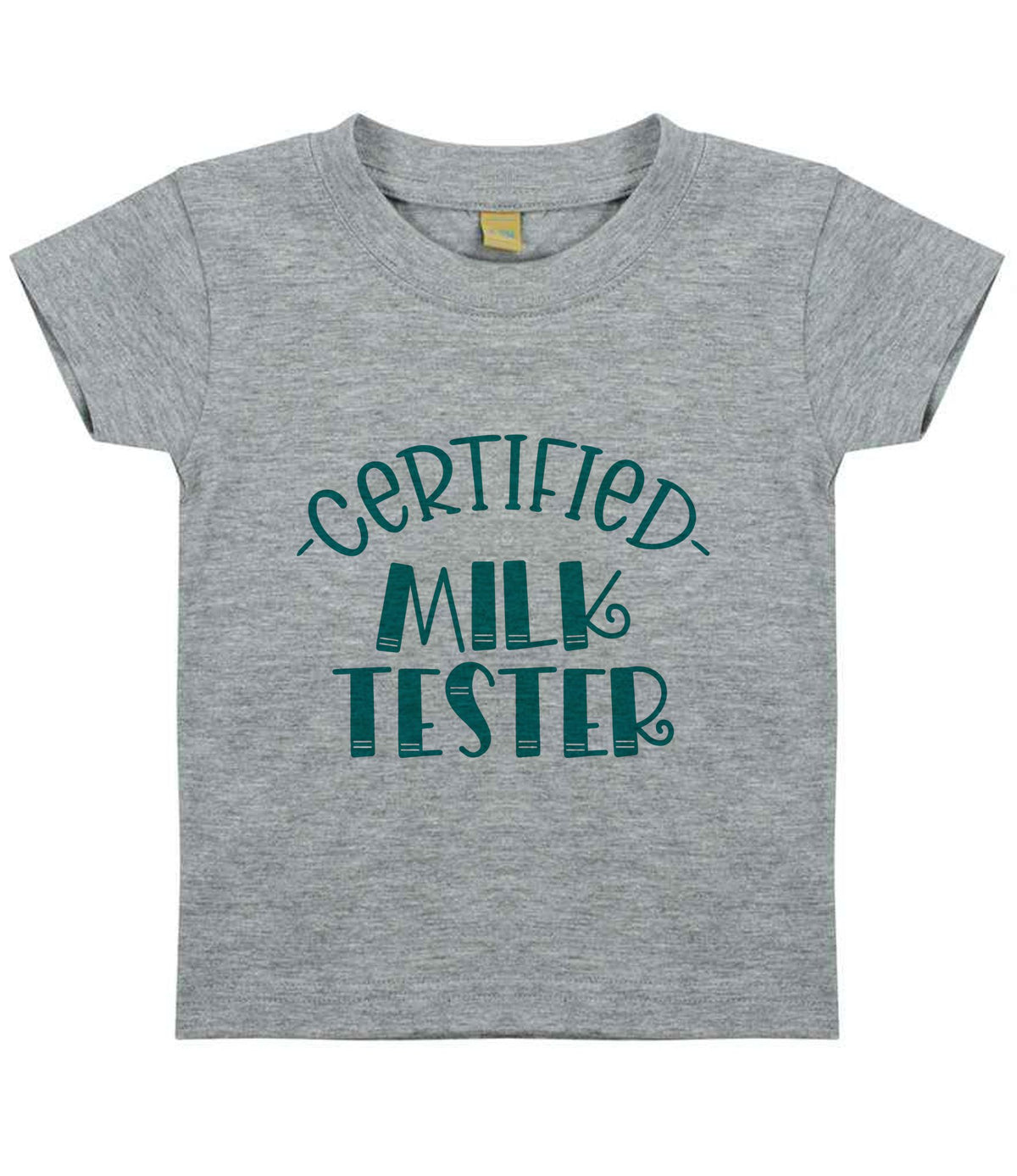 Certified Milk Tester – Baby T-Shirt in Heather Grey with Teal vinyl