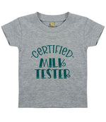 Certified Milk Tester – Baby T-Shirt in Heather Grey with Teal vinyl