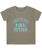 Certified Milk Tester – Baby T-Shirt in Khaki with Baby Blue vinyl