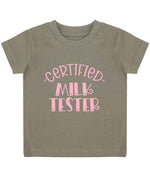 Certified Milk Tester – Baby T-Shirt in Khaki with Baby Pink vinyl