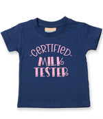 Certified Milk Tester – Baby T-Shirt in Navy with Baby Pink vinyl
