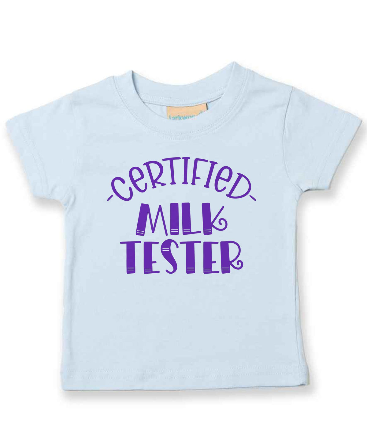 Certified Milk Tester – Baby T-Shirt in Pale Blue with Purple vinyl
