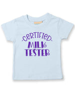 Certified Milk Tester – Baby T-Shirt in Pale Blue with Purple vinyl