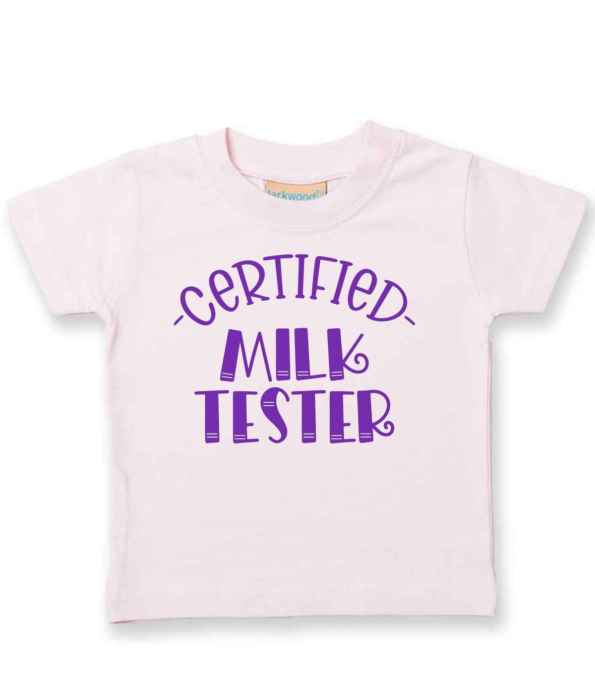 Certified Milk Tester – Baby T-Shirt in Pale Pink with Purple vinyl