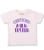 Certified Milk Tester – Baby T-Shirt in Pale Pink with Purple vinyl